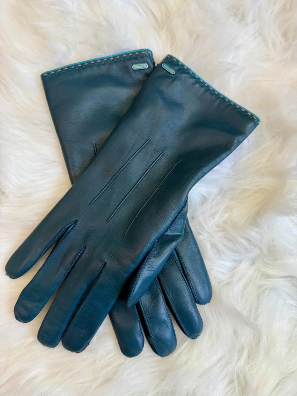 Coach Teal Leather Gloves with Cashmere Lining - Picture 8 of 8